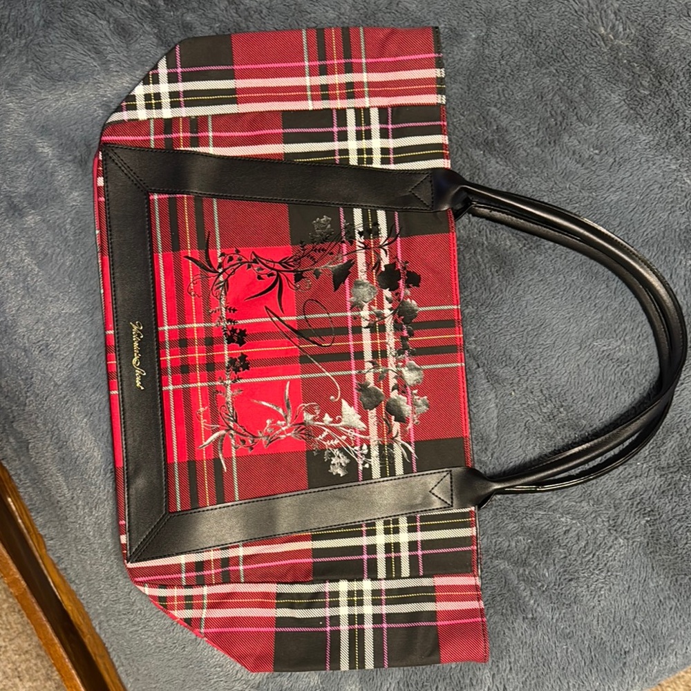 Victoria’s Secret Red and Black Plaid Tote Bag with Elegant Floral Design